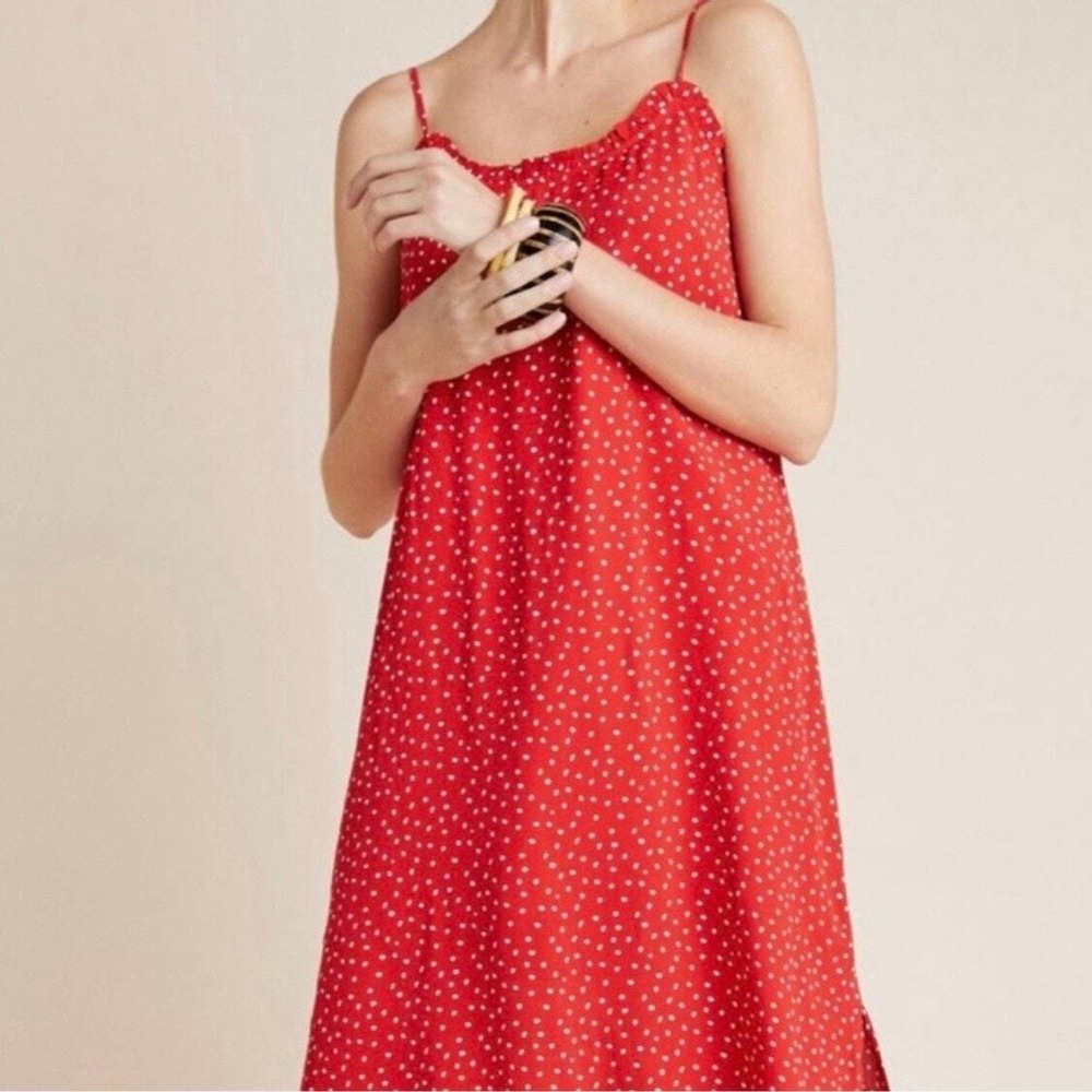 ANTHROPOLOGIE SEEN WORN KEPT Midi Dress 4 Red Polka Dot Spaghetti Strap Ruffle